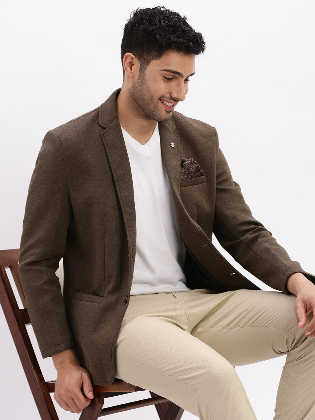 Men's Olive Slim-Fit Single Breasted Notched Lapel Collar Cotton Casual Blazer