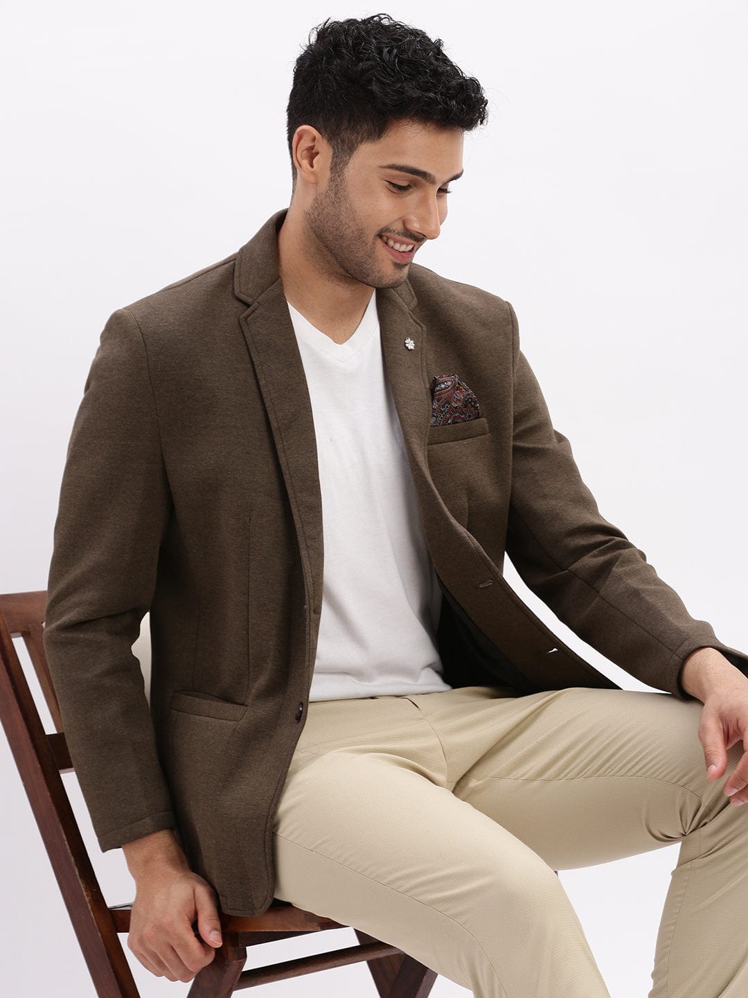Men's Olive Slim-Fit Single Breasted Notched Lapel Collar Cotton Casual Blazer