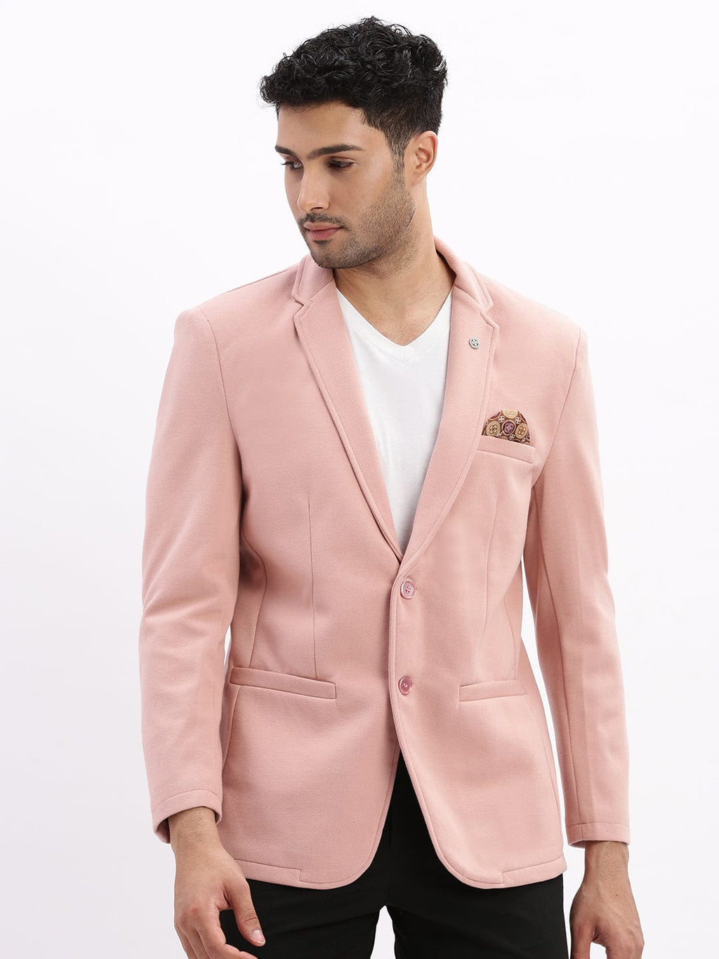 Men's Peach Slim-Fit Single-Breasted Notched Lapel Collar Casual Blazer
