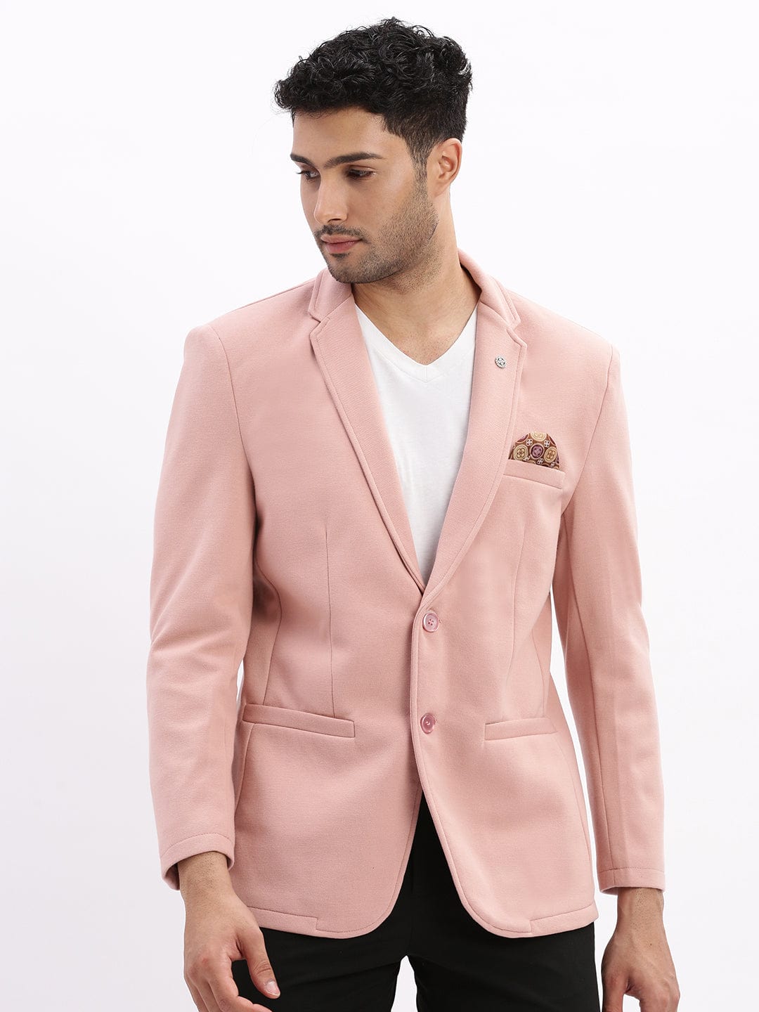 Men's Peach Slim-Fit Single-Breasted Notched Lapel Collar Casual Blazer