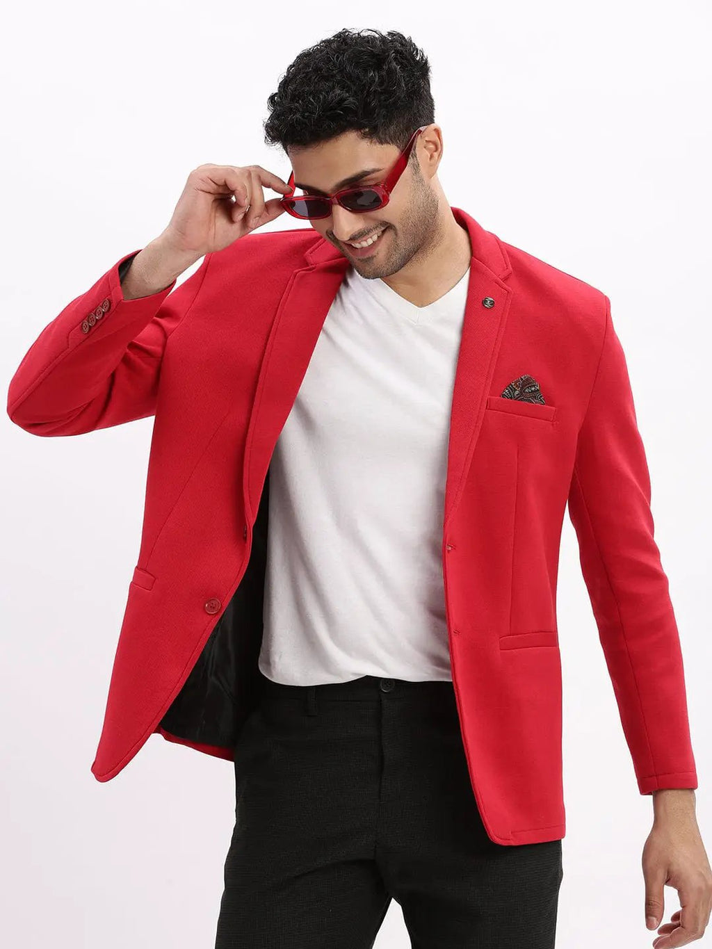 Men's Red Single Breasted Notched Lapel Collar Casual Blazer