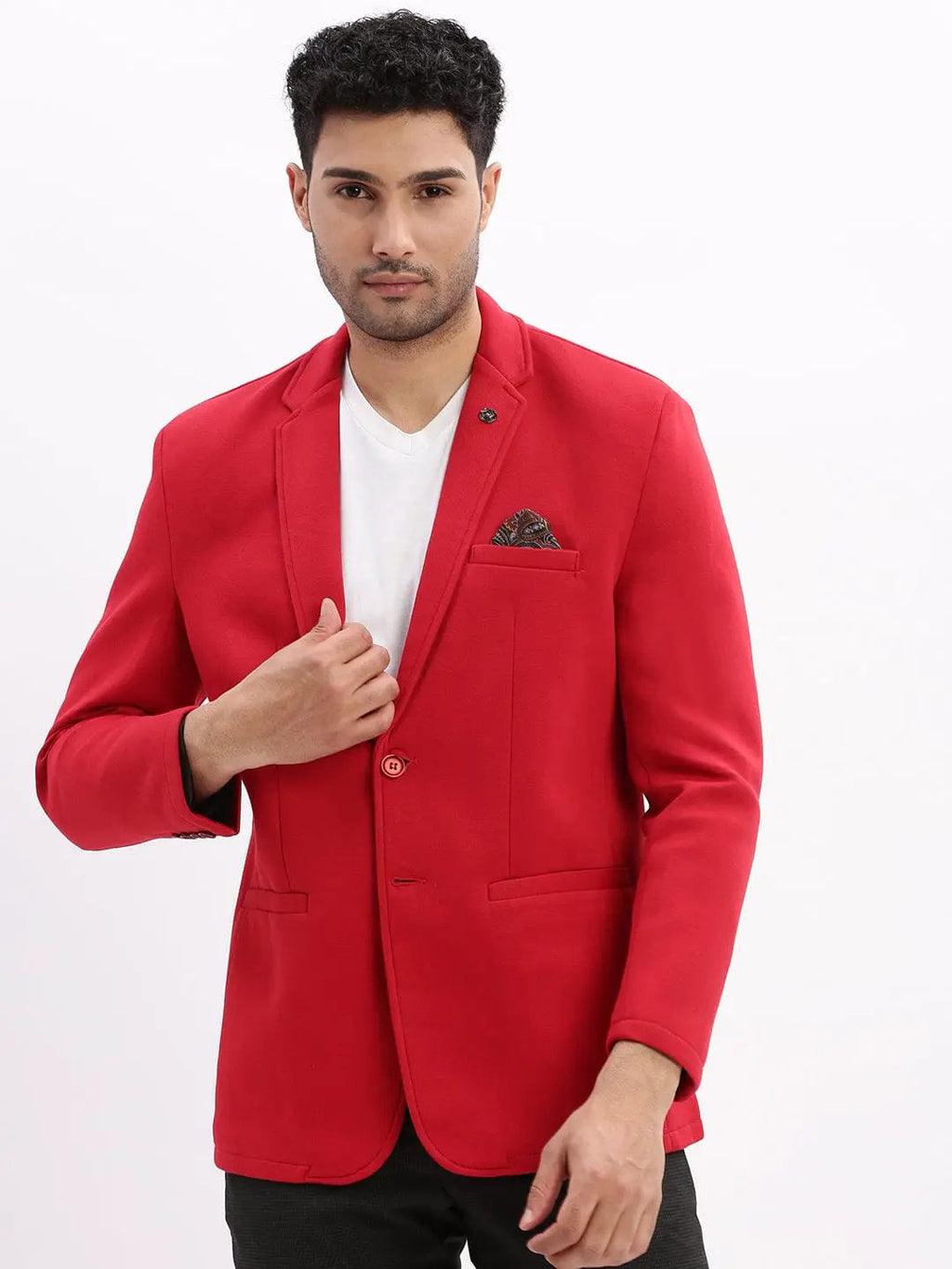 Men's Red Single Breasted Notched Lapel Collar Casual Blazer