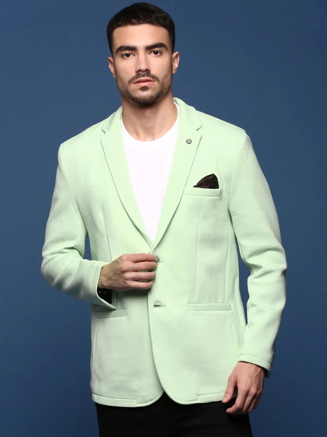 Men's Sea Green Slim Fit Single Breasted Notched Lapel Cotton Blazers