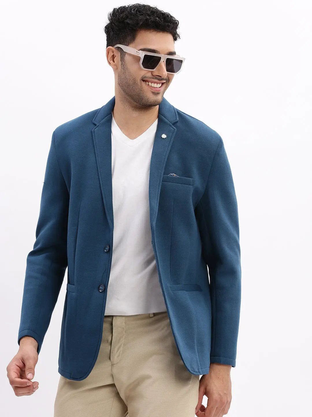 Men's Teal Notched Lapel Slim Fit Cotton Single Breasted Blazer