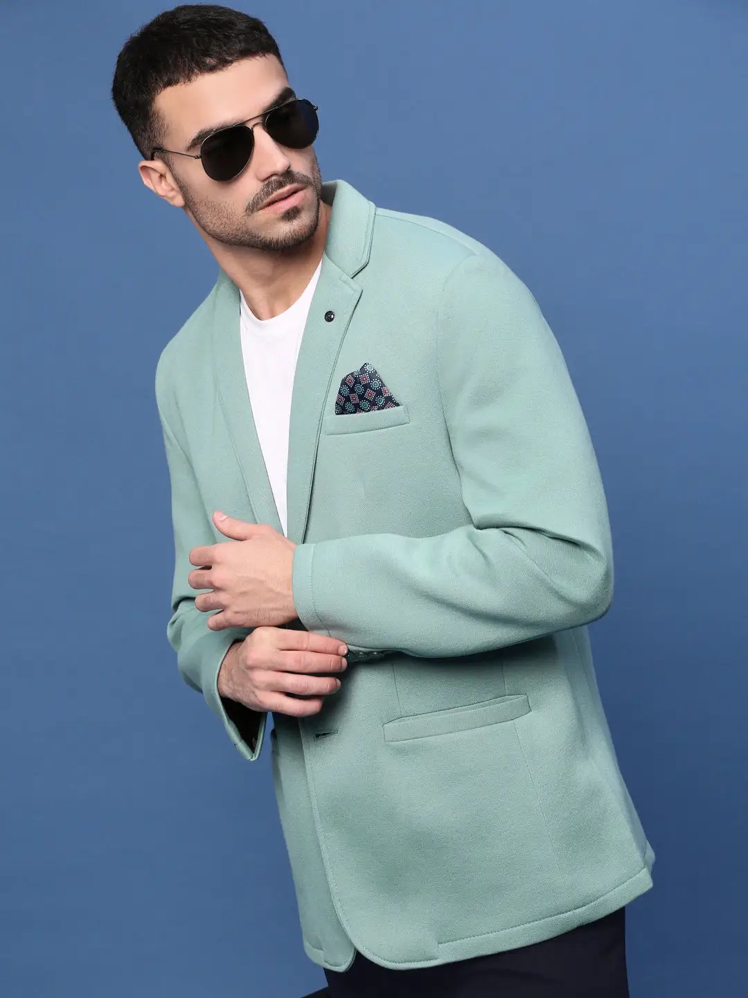 Men's Turquoise Blue Slim Fit Single Breasted Notched Lapel Cotton Blazers