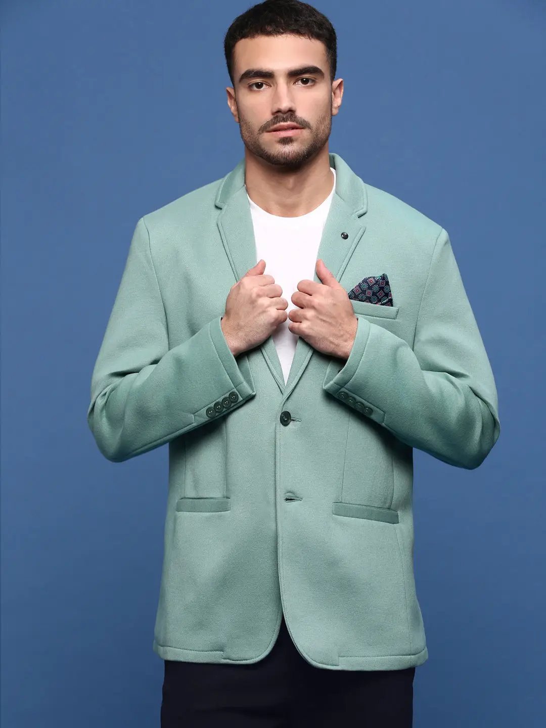 Men's Turquoise Blue Slim Fit Single Breasted Notched Lapel Cotton Blazers