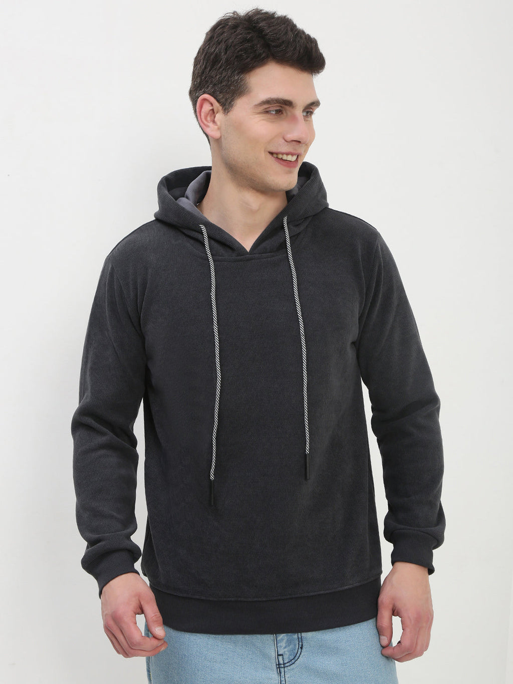 Men's Grey Solid Hooded Sweatshirt