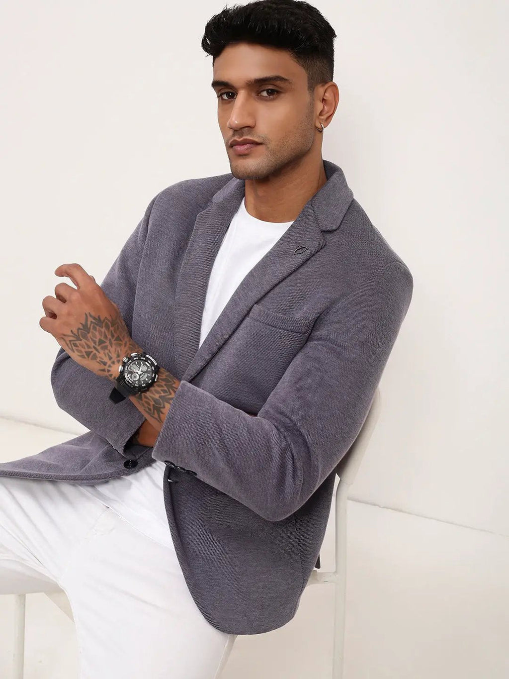 Men's Grey Notched Lapel Single-Breasted Cotton Slim-Fit Blazer