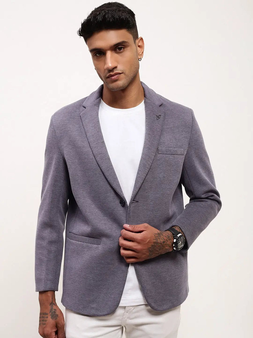 Men's Grey Notched Lapel Single-Breasted Cotton Slim-Fit Blazer