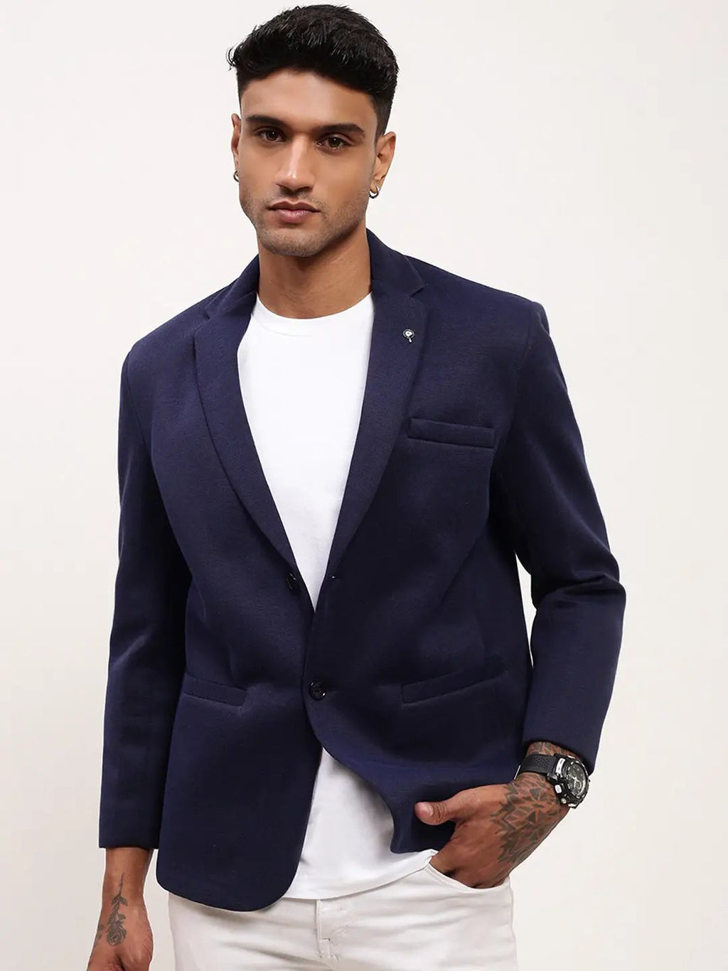 Men's Navy Blue Solid Single Breasted Blazer