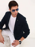 Men's Teal Self Design Slim Fit Single-Breasted Cotton Blazer