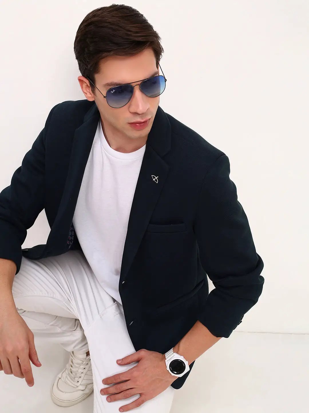 Men's Teal Self Design Slim Fit Single-Breasted Cotton Blazer