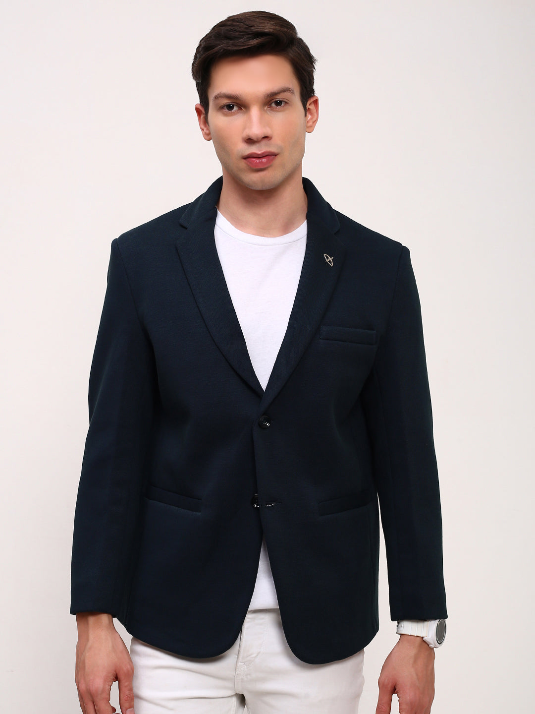 Men's Teal Self Design Slim Fit Single-Breasted Cotton Blazer