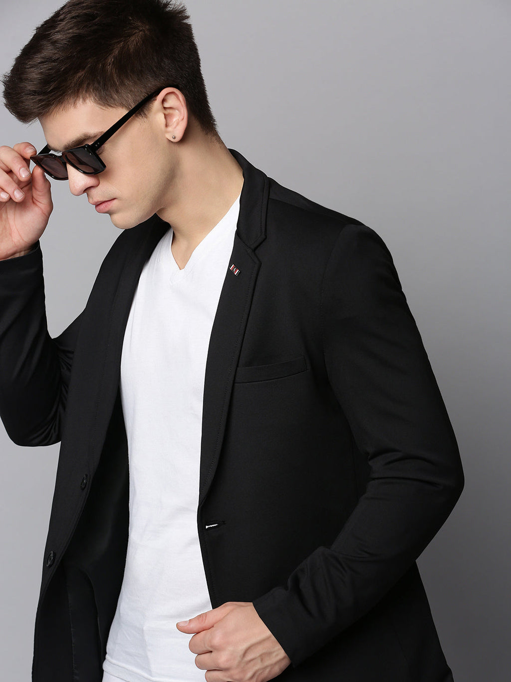 Men's Black Notched Lapel Open Front Blazer