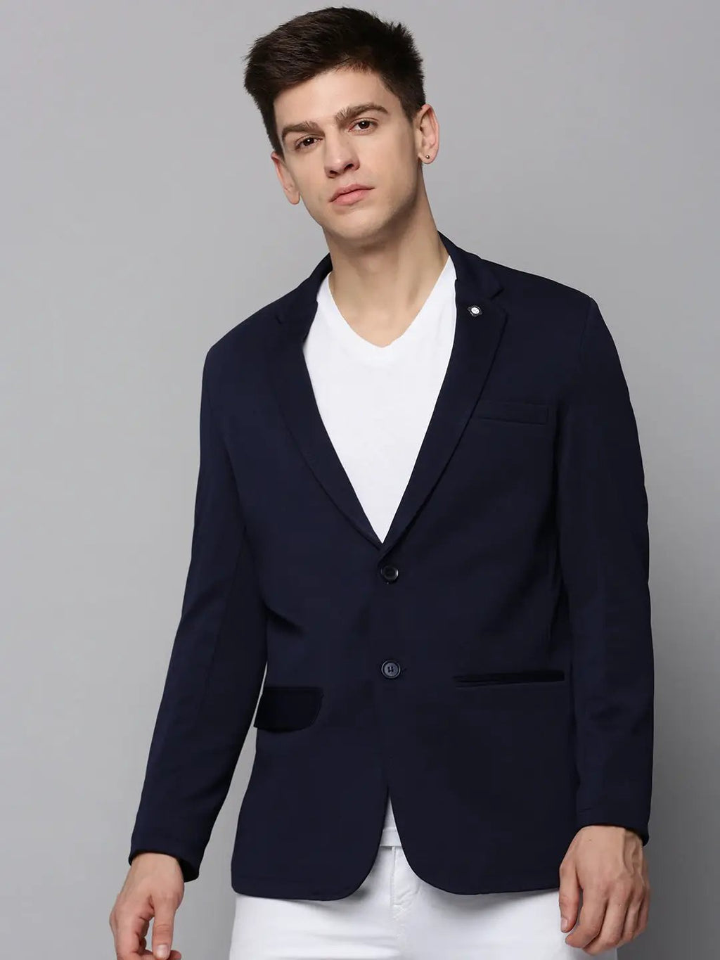 Men's Navy Blue Cotton Single-Breasted Casual Blazers