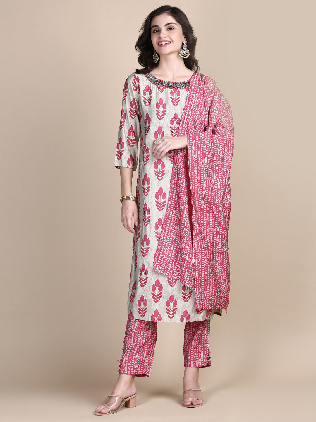 Women's Beige Floral Straight Kurta Sets with Dupatta