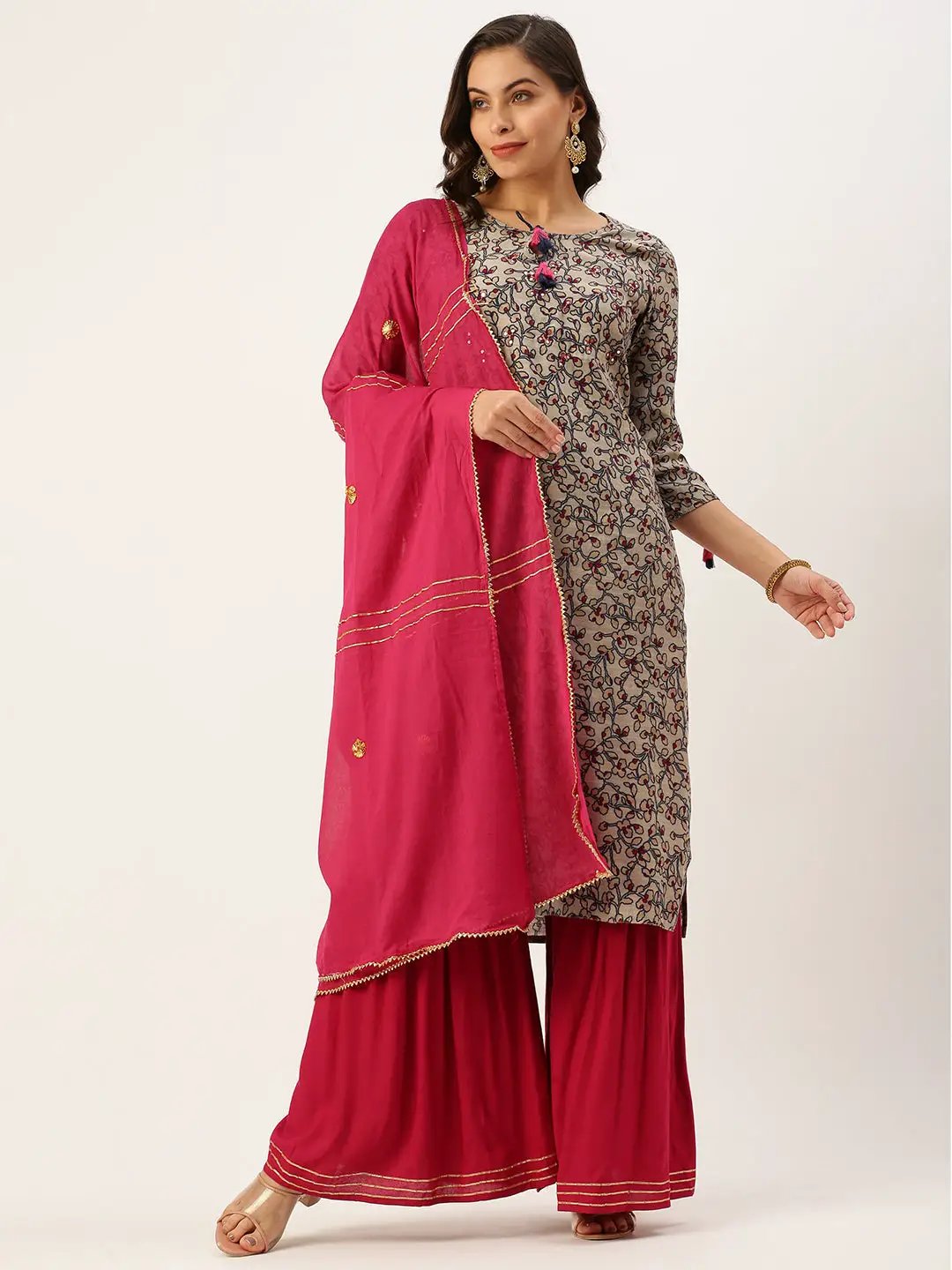 Women's Beige Straight Beige Floral Printed Kurta Sets with Sharara & Dupatta