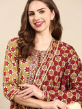 Women's Olive Ethnic Motifs Printed Embellished Anarkali Kurta
