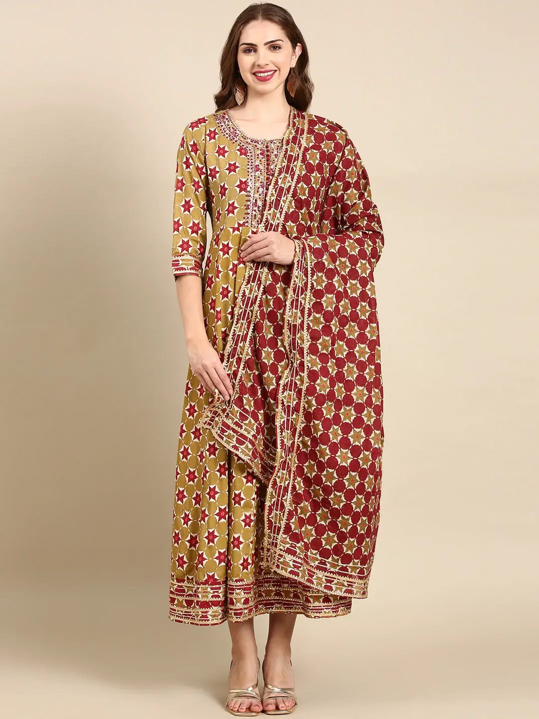 Women's Olive Ethnic Motifs Printed Embellished Anarkali Kurta