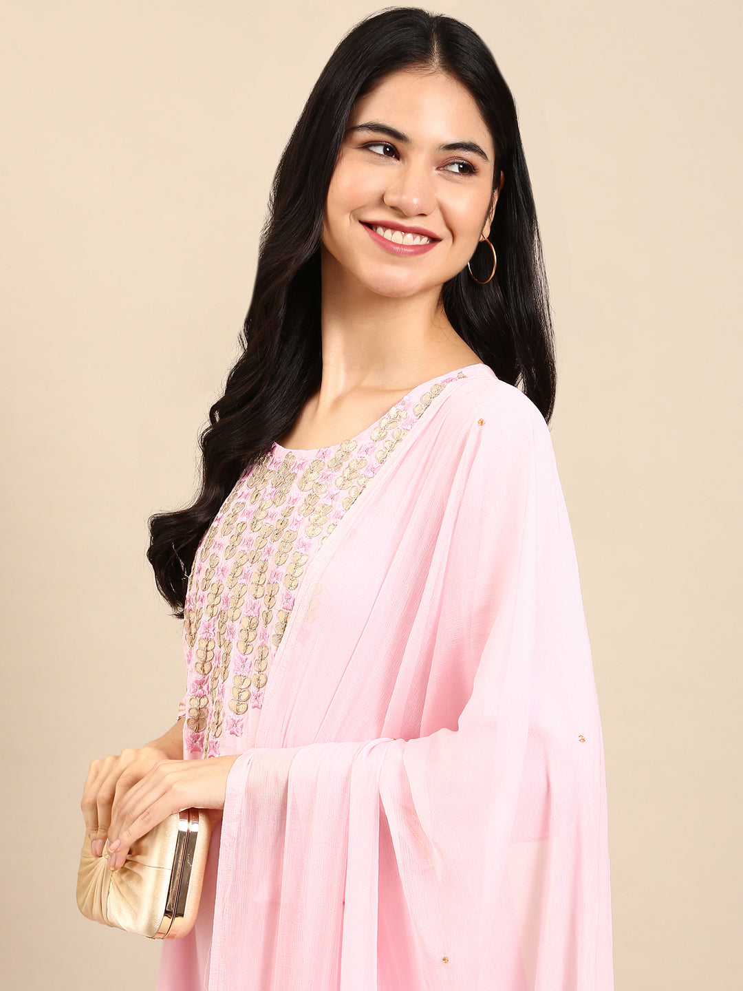 Women's Pink Embroidered Gotta Patti Silk Crepe Kurta Set with Sharara & Dupatta