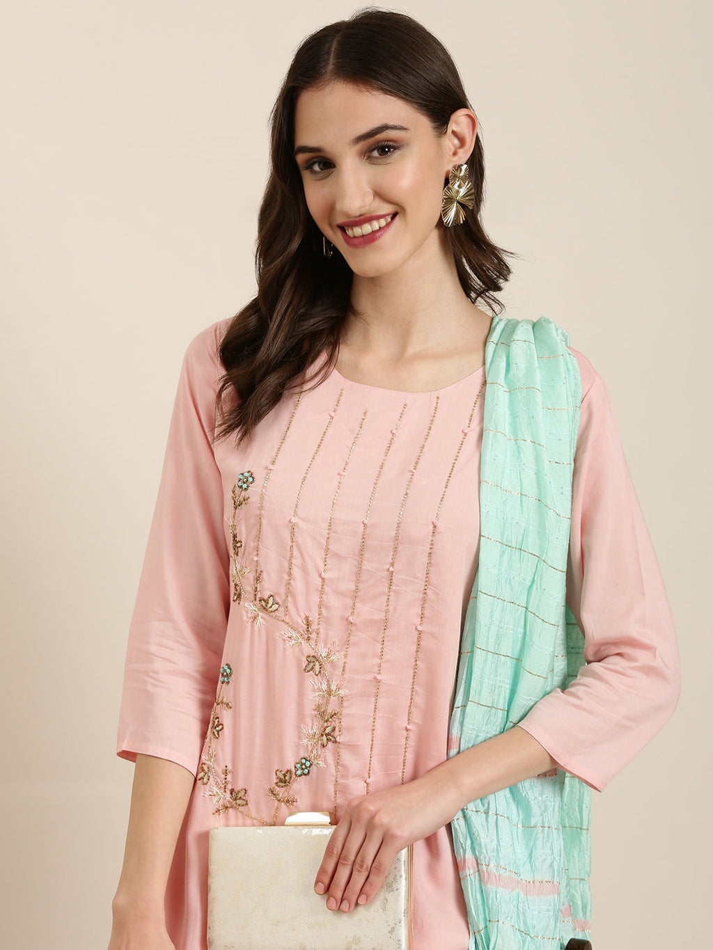 Women's Pink Floral Embroidered Beads & Stones Kurta Set With Dupatta