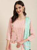 Women's Pink Floral Embroidered Beads & Stones Kurta Set With Dupatta