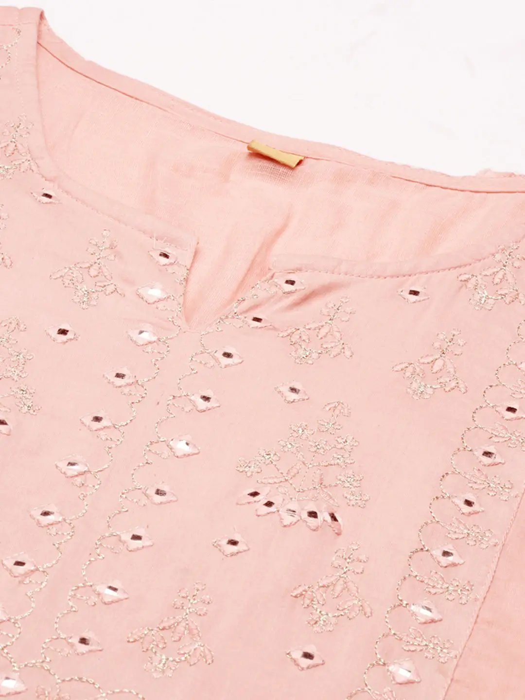 Women's Peach Floral Yoke Design Pleated Mirror Work Kurta Sets with Dupatta