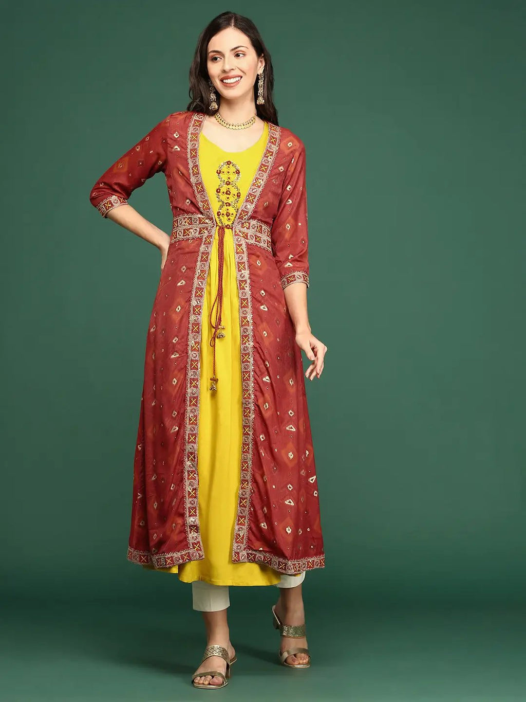 Women's Green Round Neck Sleeveless Ankle Length Empire Anarkali Kurta