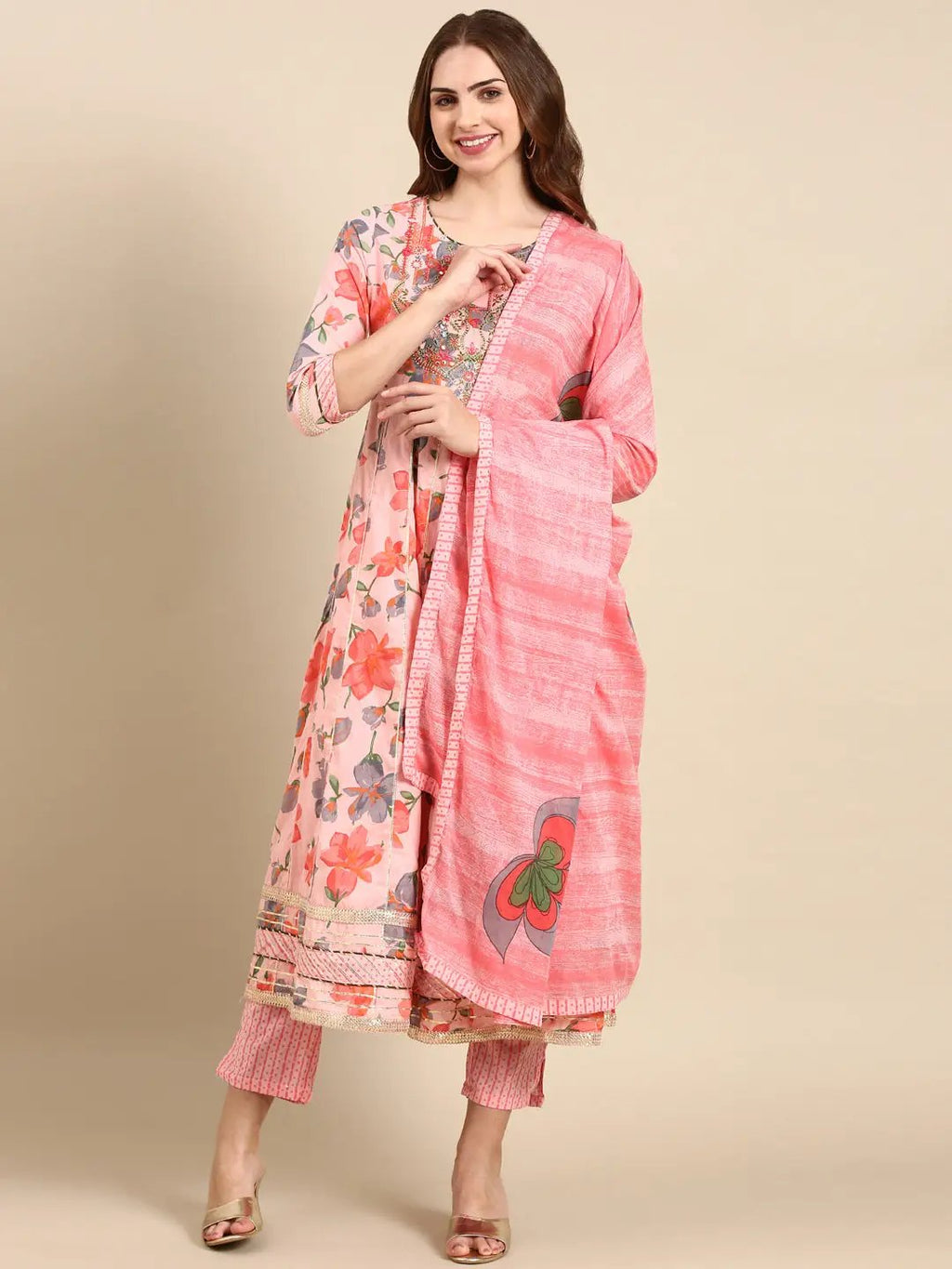 Women's Coral Floral Printed Thread Work Pure Cotton Kurta Set With Dupatta