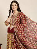 Women's Khaki Floral Printed Indie Prints Anarkali Kurta