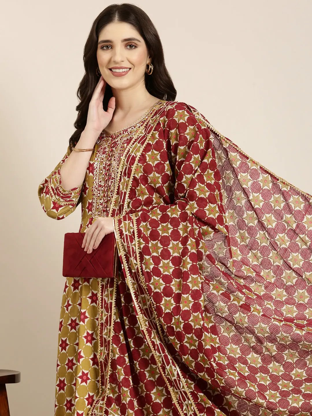 Women's Khaki Floral Printed Indie Prints Anarkali Kurta