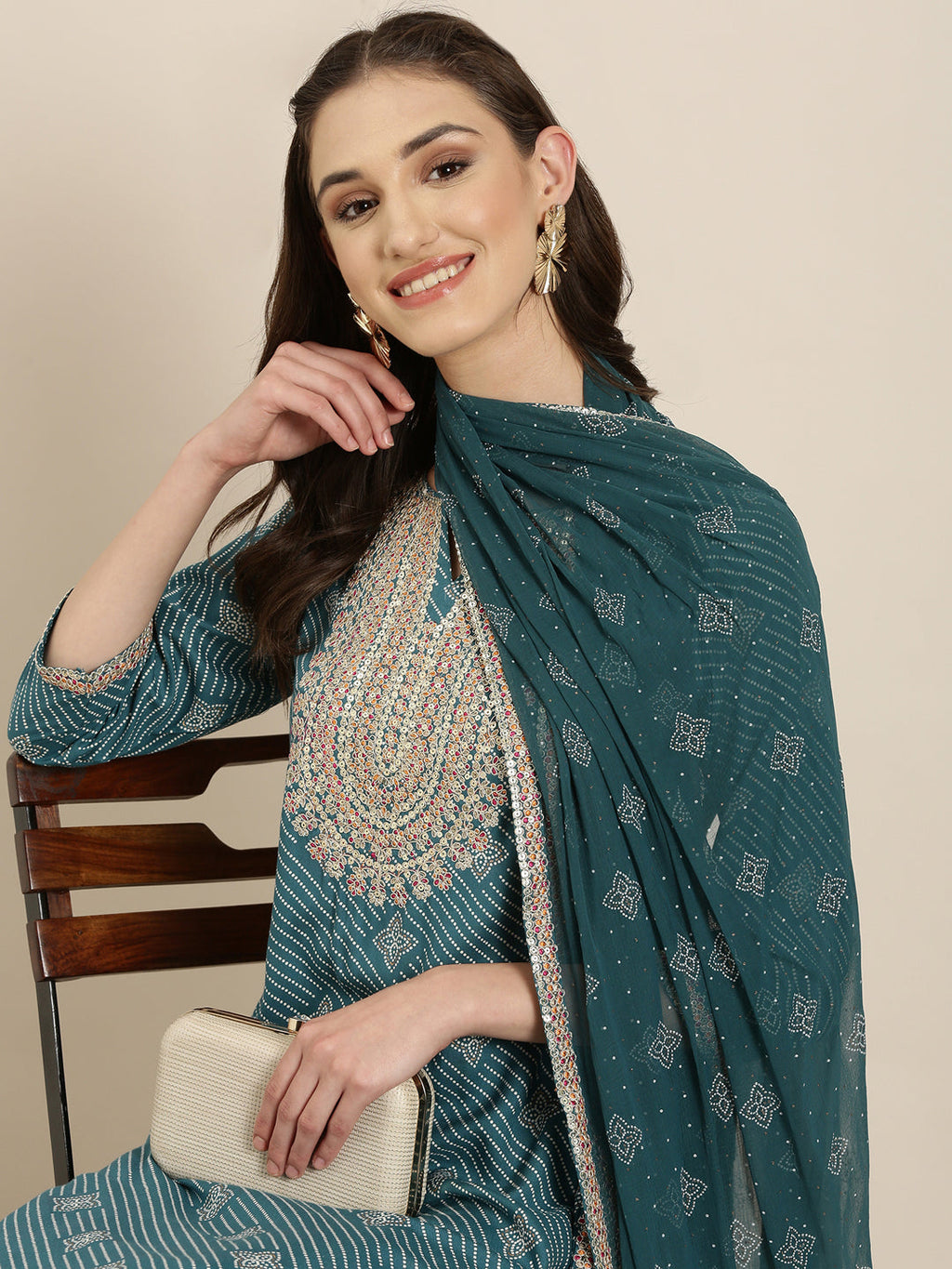 Women's Teal Printed Sequinned Straight Kurta Set with Sharara & Dupatta