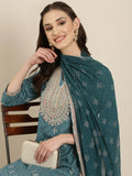 Women's Teal Printed Sequinned Straight Kurta Set with Sharara & Dupatta