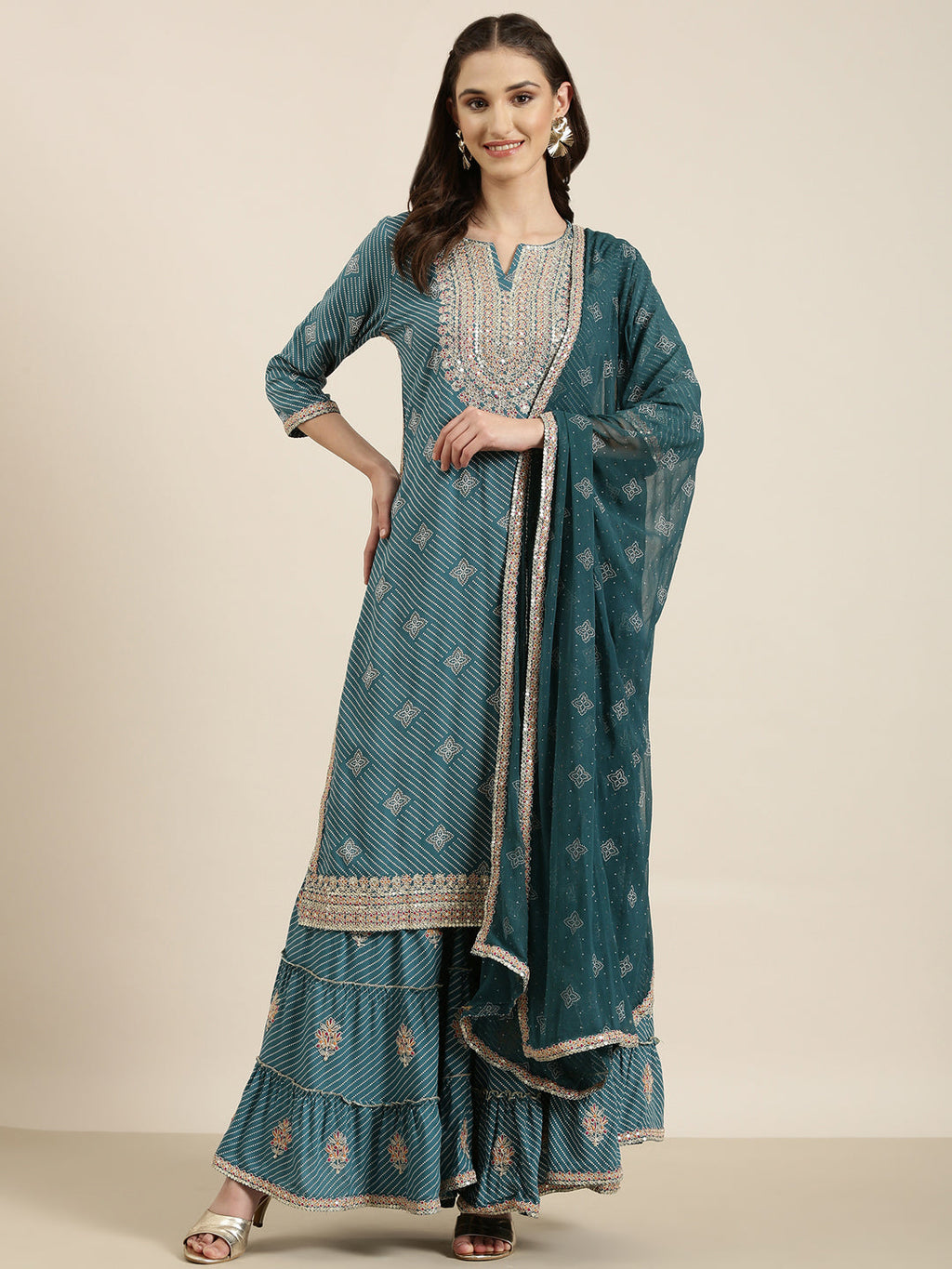 Women's Teal Printed Sequinned Straight Kurta Set with Sharara & Dupatta