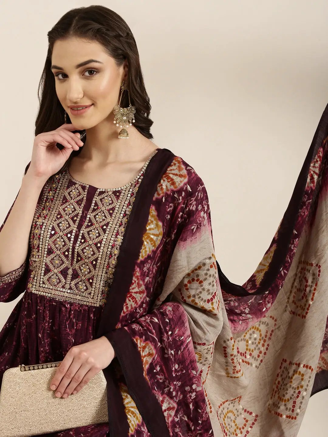 Women's Purple Floral Yoke Design Sequinned A Line Kurta Set With Dupatta
