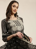 Women's Black Ethnic Motifs Printed Sequinned Thread Work Kurta Set With Dupatta