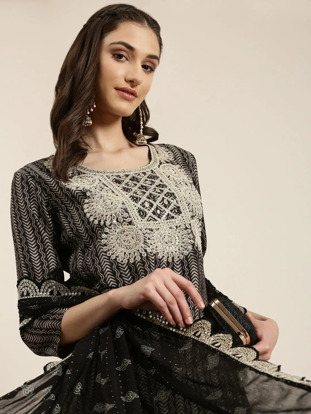 Women's Black Ethnic Motifs Printed Sequinned Thread Work Kurta Set With Dupatta