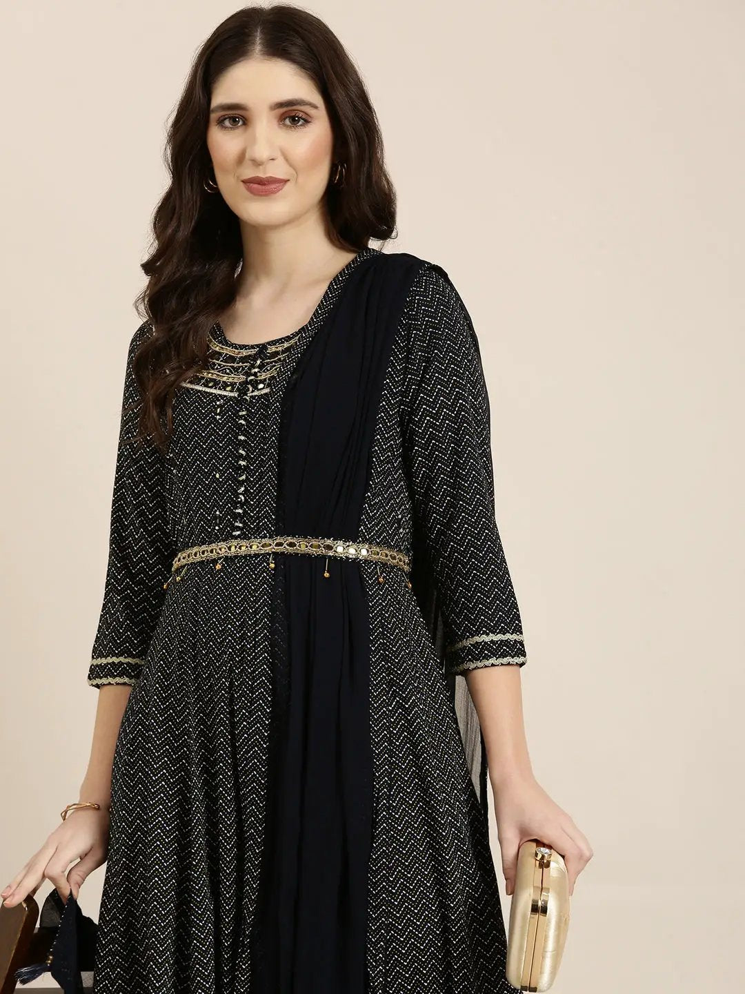 Women's Navy Blue Chevron Printed Sequinned Anarkali Kurta With Dupatta