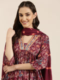 Women's Magenta Floral Printed Empire Kurta Set With Dupatta