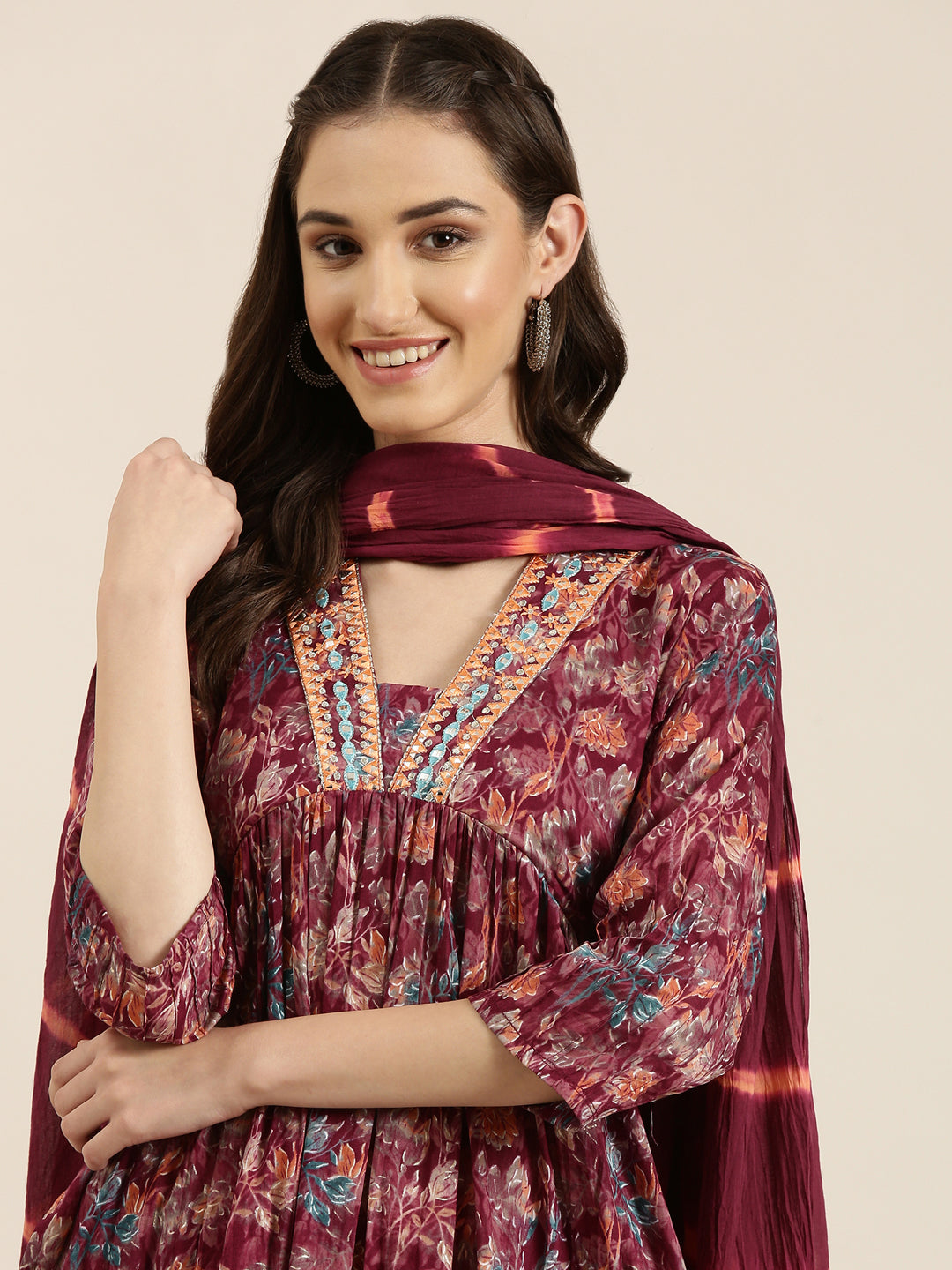 Women's Magenta Floral Printed Empire Kurta Set With Dupatta