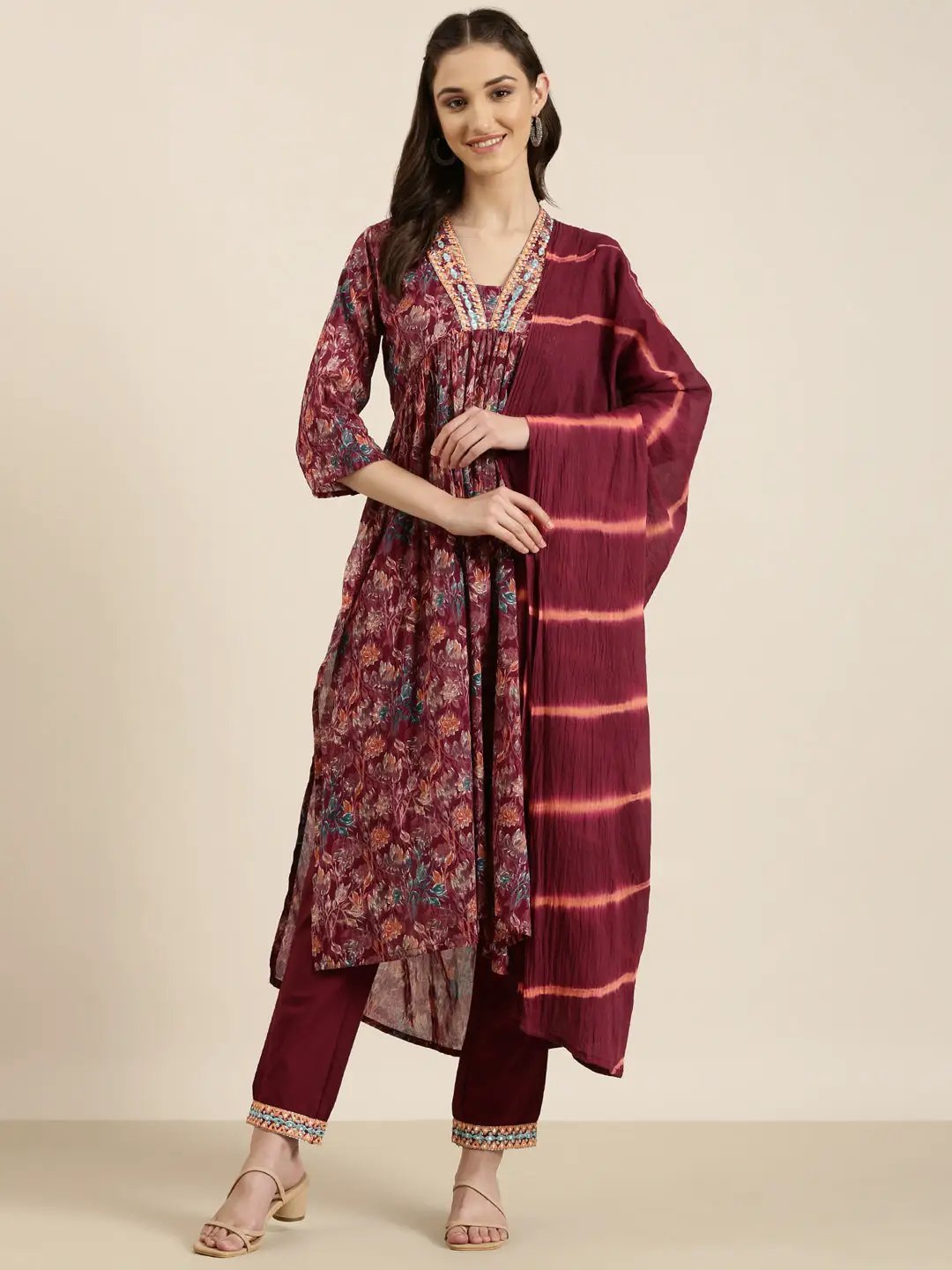 Women's Magenta Floral Printed Empire Kurta Set With Dupatta