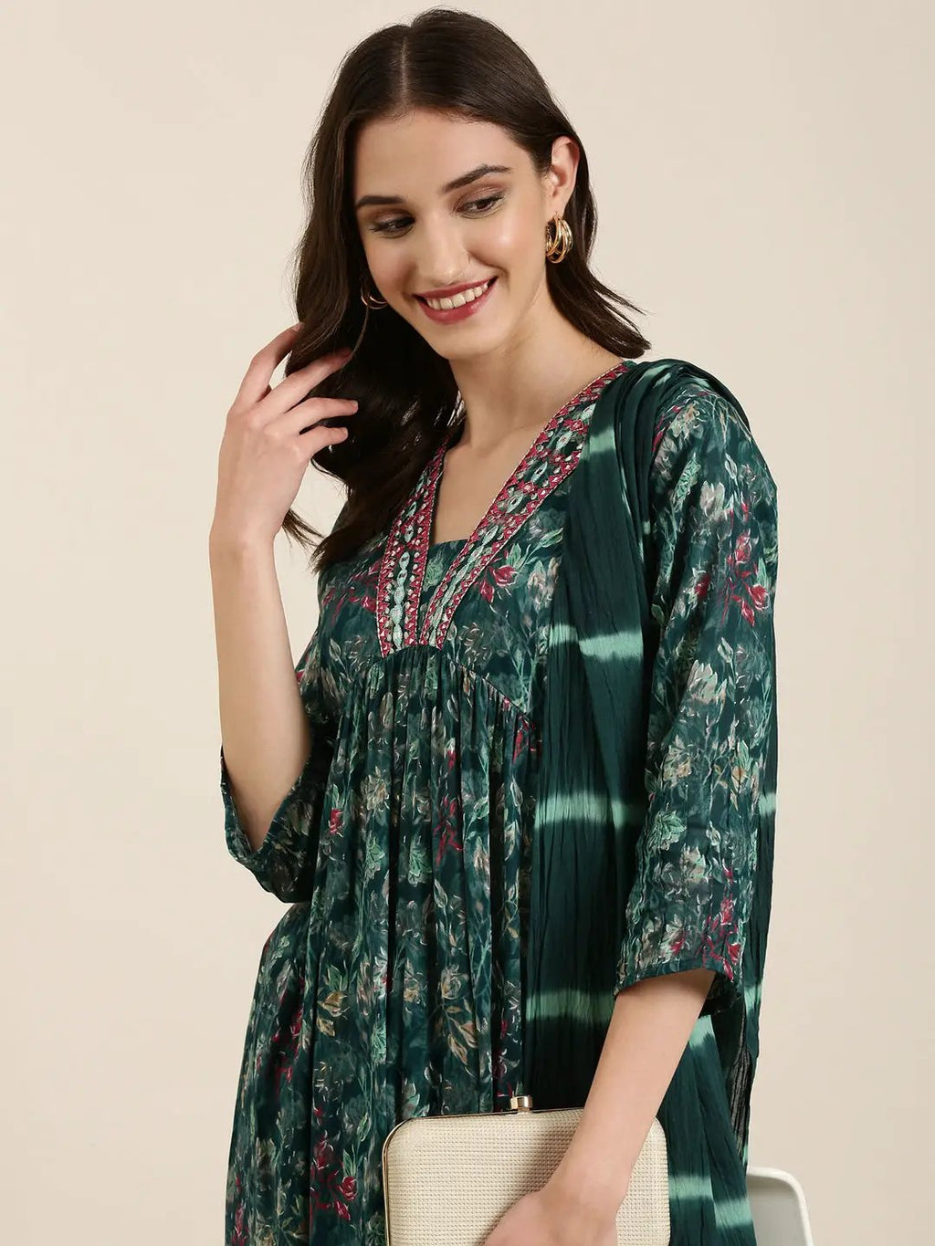 Women's Teal Floral Printed Empire Thread Work Kurta Set With Dupatta