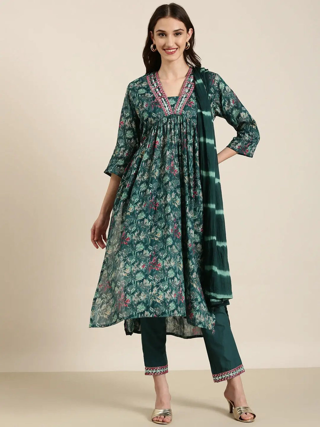 Women's Teal Floral Printed Empire Thread Work Kurta Set With Dupatta