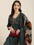 Women's Teal Ethnic Motifs Printed Thread Work Kurta Set With Dupatta