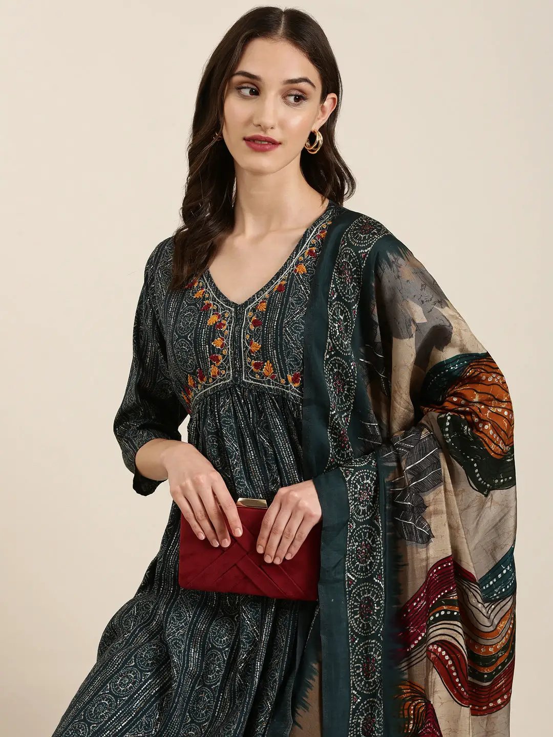 Women's Teal Ethnic Motifs Printed Thread Work Kurta Set With Dupatta
