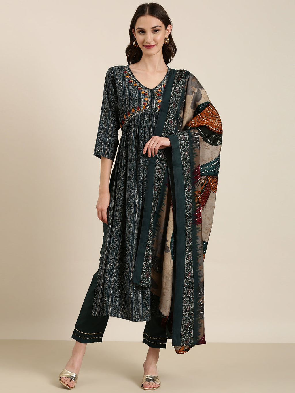 Women's Teal Ethnic Motifs Printed Thread Work Kurta Set With Dupatta