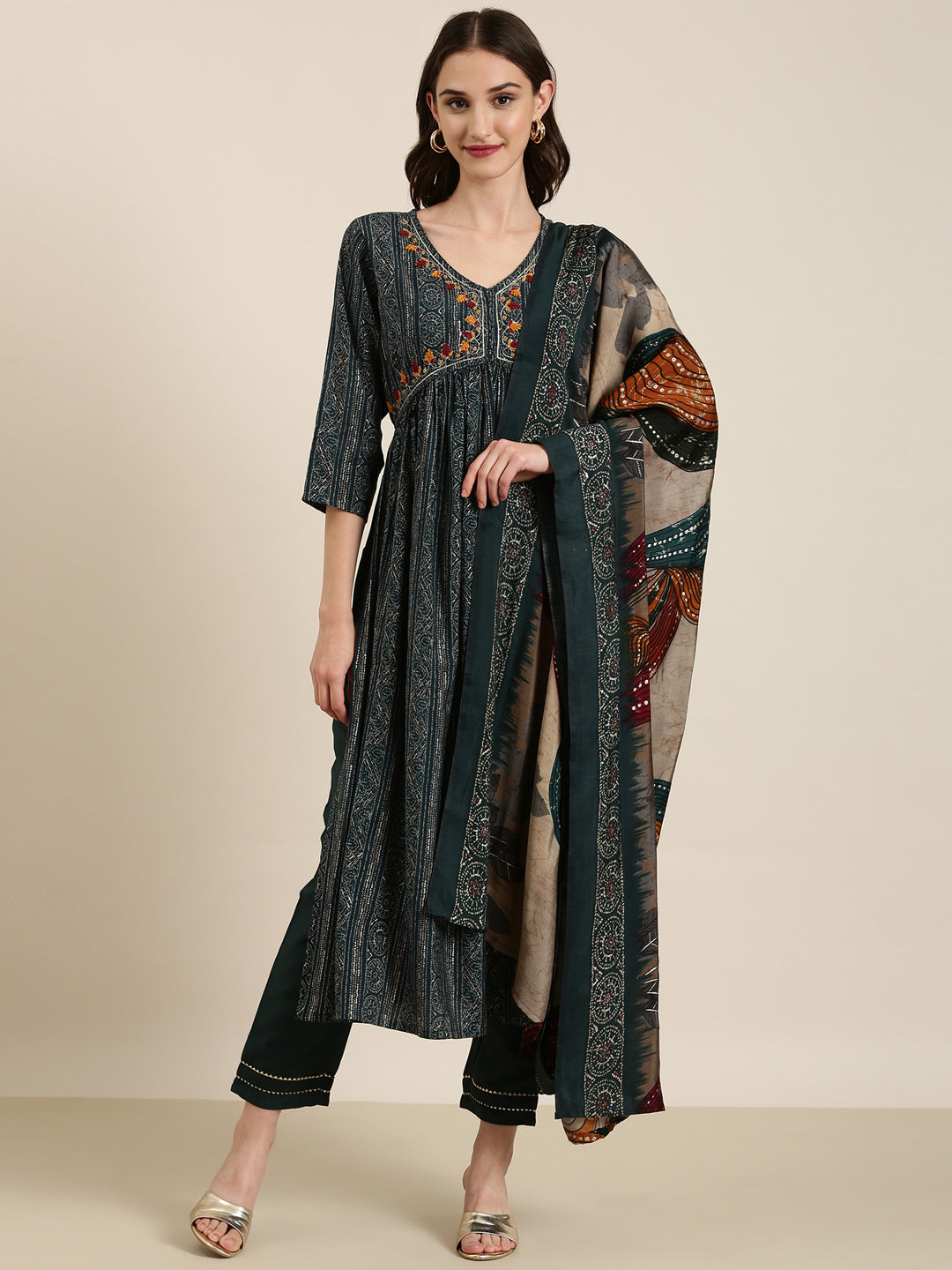 Women's Teal Ethnic Motifs Printed Thread Work Kurta Set With Dupatta