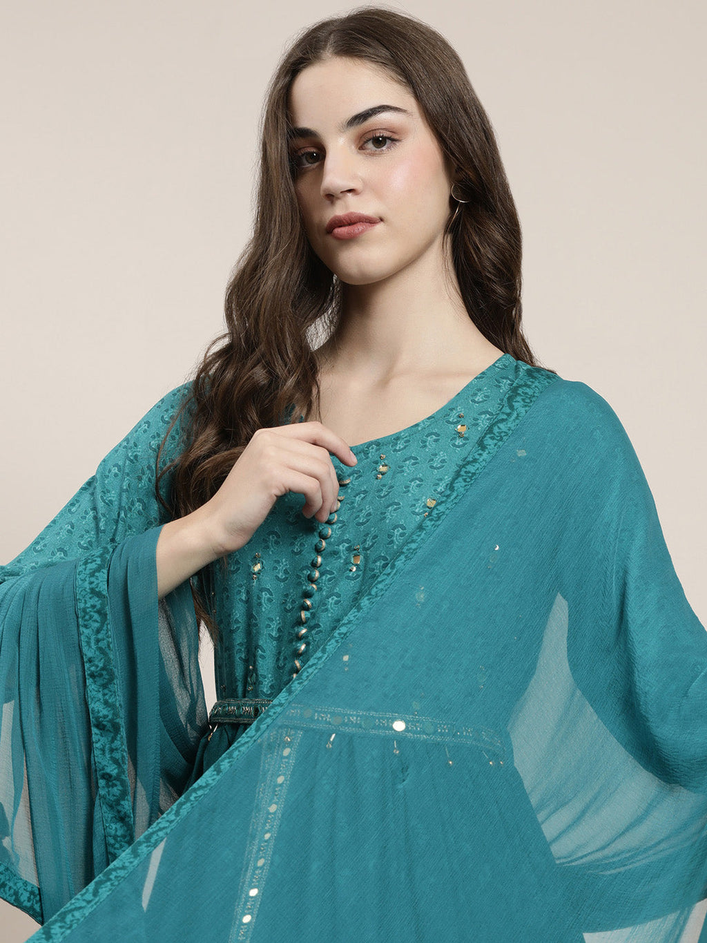 Women's Teal Floral Printed High Slit Mirror Work Anarkali Kurta Set With Dupatta