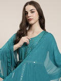 Women's Teal Floral Printed High Slit Mirror Work Anarkali Kurta Set With Dupatta