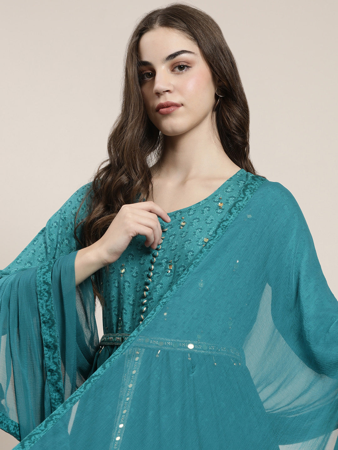 Women's Teal Floral Printed High Slit Mirror Work Anarkali Kurta Set With Dupatta